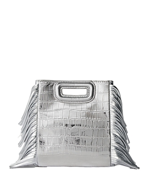 Maje Croc Metallic Leather Mini Shoulder Bag In Silver