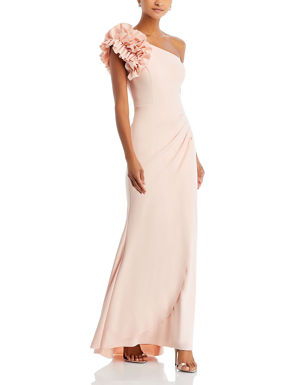 Aqua One Shoulder Ruffle Crepe Gown - Exclusive