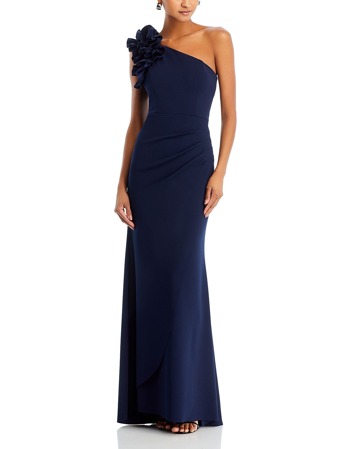 Aqua One Shoulder Ruffle Crepe Gown - Exclusive