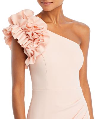 One Shoulder Ruffle Crepe Gown - Exclusive