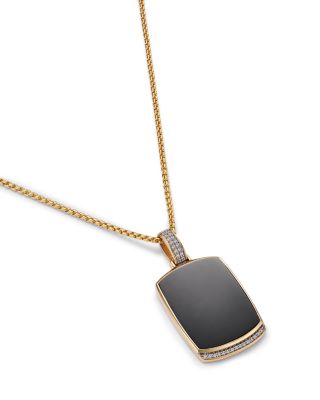 Men's Onyx & Diamond Dog Tag Pendant Necklace in 14K Yellow Gold, 22"