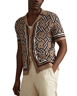 Shop Reiss Hyde Textured Printed Camp Shirt In Camel Multi