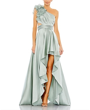 Shop Mac Duggal Ruffled One Shoulder Cut Out Hi-low Gown In Sage