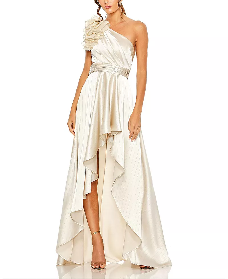 Mac Duggal Ruffled One Shoulder Cut Out Hi-Low Gown