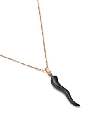 Onyx & Diamond Accent Italian Horn Pendant Necklace in 14K Yellow Gold , 17"