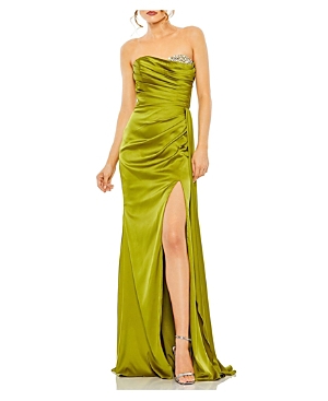 Shop Mac Duggal Strapless Embellished Sweetheart Neckline Satin Gown In Apple Green