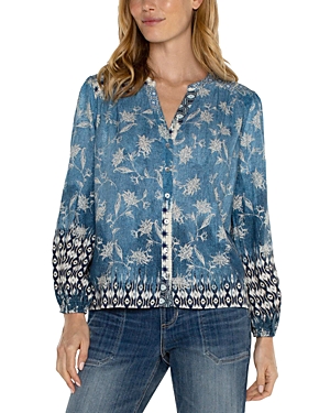 Printed Shirred Button Front Blouse