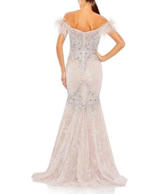 Feathered Crystal Embellished Sleeveless Gown