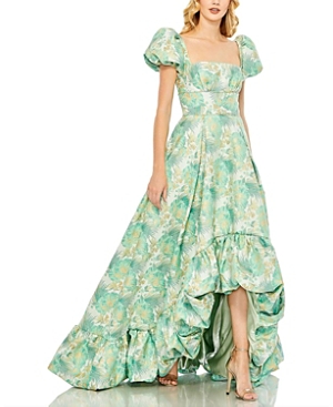 Mac Duggal Floral Print Puff Sleeve High Low Brocade Gown In Spring Green