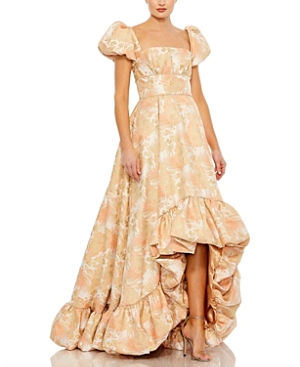 Shop Mac Duggal Floral Print Puff Sleeve High Low Brocade Gown In Peach