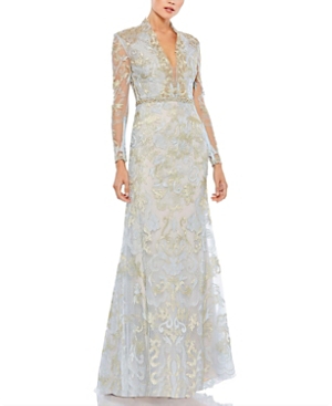 Shop Mac Duggal Long Sleeve Applique V-neck Gown In Powder Blue