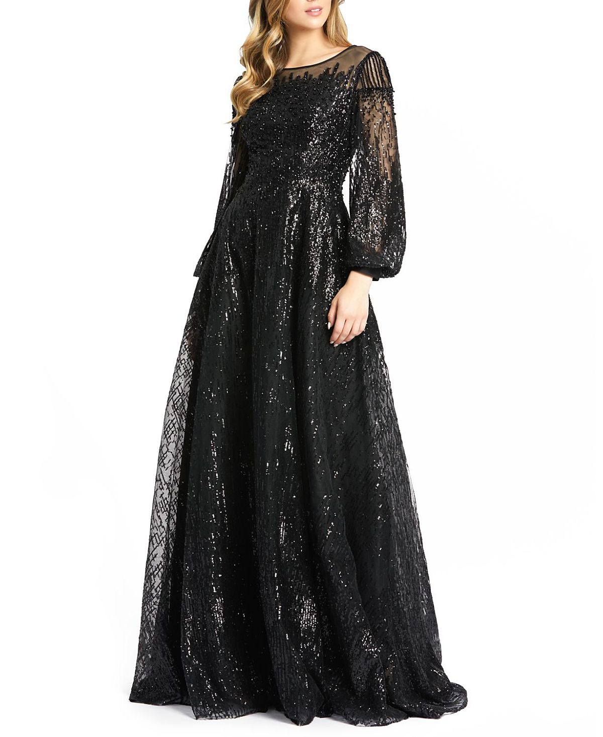 Mac Duggal Jewel Encrusted Illusion Long Sleeve A Line Gown