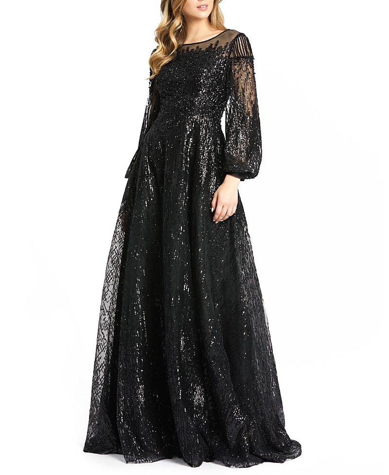 Mac Duggal Jewel Encrusted Illusion Long Sleeve A Line Gown