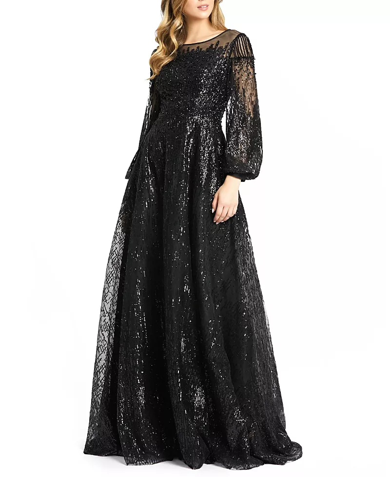 Mac Duggal Jewel Encrusted Illusion Long Sleeve A Line Gown