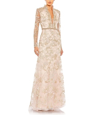 Mac Duggal Beaded Queen Anne Lace Long Sleeve Trumpet Gown In Blush