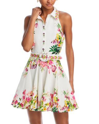 field of dreams mini dress Field Dreams Puff Sleeve Tie-Up Bodice Floral Embroidery Mini Dress White