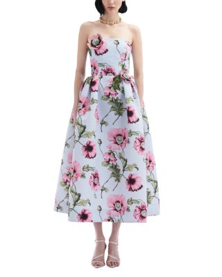 Oscar de la Renta Strapless Embroidered Poppies Faille Dress