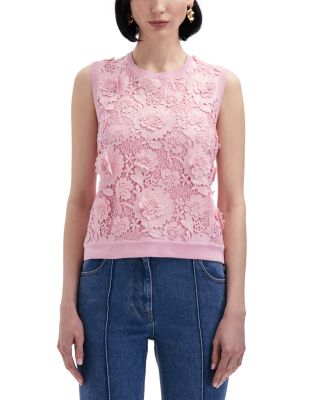 Oscar de la Renta Floral Guipure Inset Sleeveless Silk Sweater