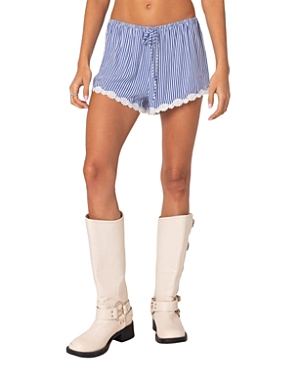Edikted Patty Stripe Lace Trim Shorts In Blue And White