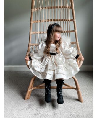 Girls' Evangeline Satin Champagne Ruffle Dress with Flower-shaped Rear Bow - Baby, Little Kid, Big Kid