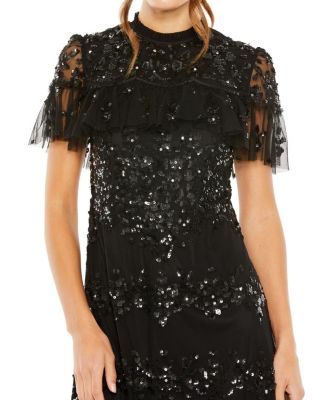 Sequined High Neck Ruffled Flutter Sleeve Midi Dress