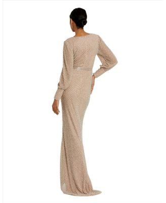 【Mac Duggal】ビショップスリーブ ガウン Mac Duggal Wrap Over Bishop Sleeve Pearl Beaded Gown