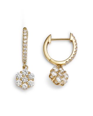 Diamond Flower Dangle Hoop Earrings in 14K Yellow Gold, 1.25 tcw