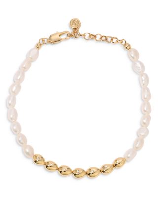 Ettika - Pav&eacute; & Cultured Freshwater Pearl Polished Pebble Beaded Bracelet in 18K Gold Plated