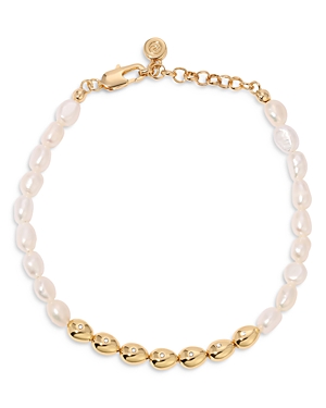 Shop Ettika Pave & Cultured Freshwater Pearl Polished Pebble Beaded Bracelet In 18k Gold Plated In Gold/white