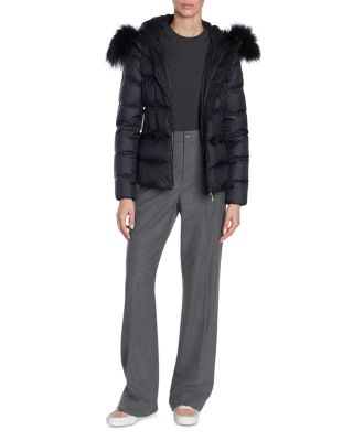 Moncler Boed Belted Down Jacket with Shearling Hood Trim