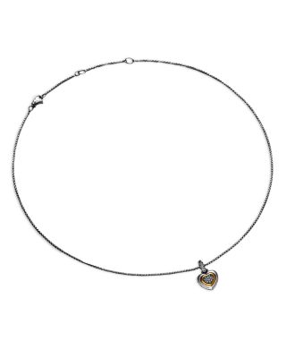 Petite Cable Heart Pendant Necklace in Sterling Silver with 14K Yellow Gold and Diamonds, 16"