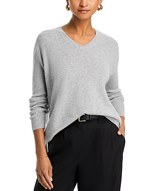C By Bloomingdale's Cashmere V-neck Ribbed Sleeve Cashmere Sweater - 100% Exclusive In Gray
