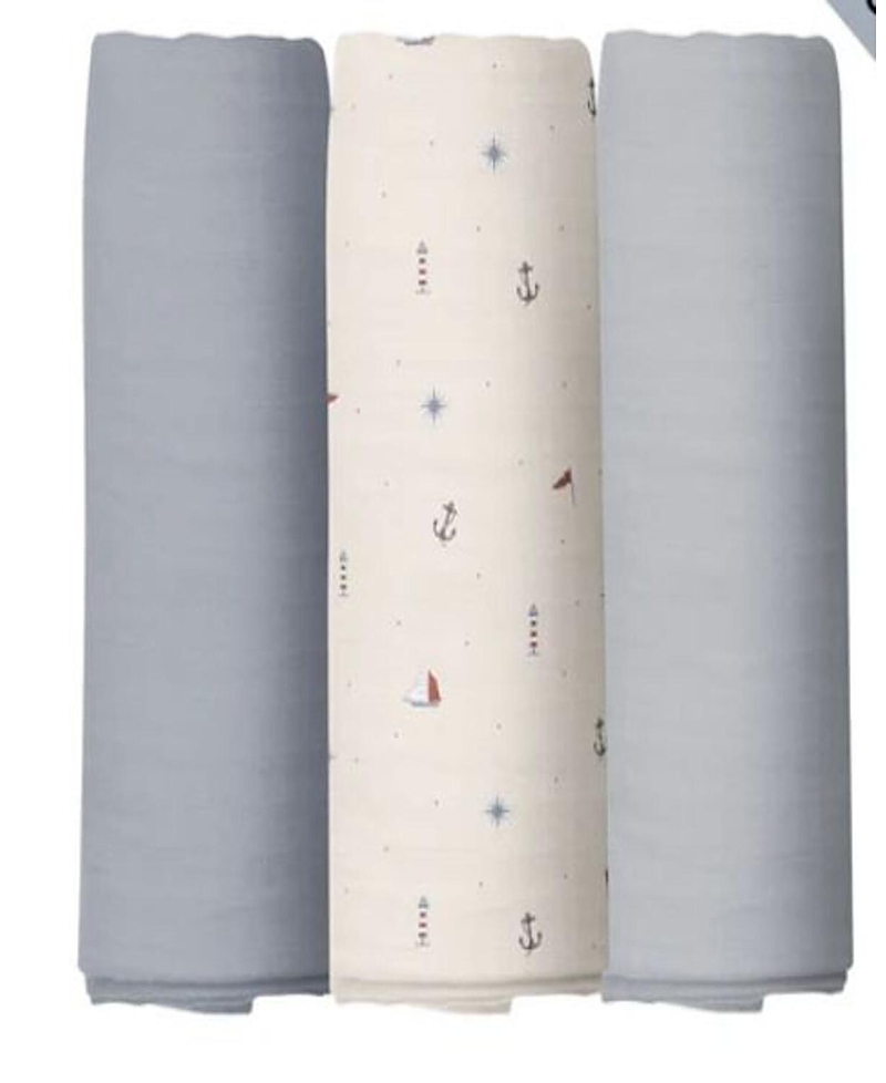 Ely's & Co. Unisex Cotton Muslin Swaddle Blanket 3 Pack - Baby In Nautical Blue