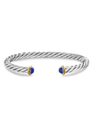 Men's Cable Cuff Bracelet in Sterling Silver with 14K Yellow Gold and Lapis, 6mm