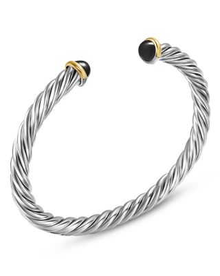 Men's Cable Cuff Bracelet in Sterling Silver with 14K Yellow Gold and Black Onyx, 6mm