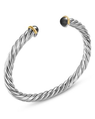 Men's Cable Cuff Bracelet in Sterling Silver with 14K Yellow Gold and Hematine, 6mm