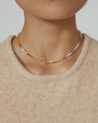 Ella Multicolor Sapphire & Cultured Freshwater Pearl Beaded Collar Necklace in 14K Gold Filled, 14.5"-17"