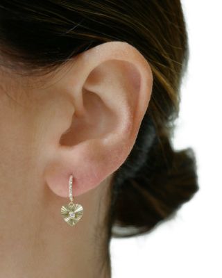 14K Yellow Gold Diamond Fluted Heart Charm Hoop Earrings