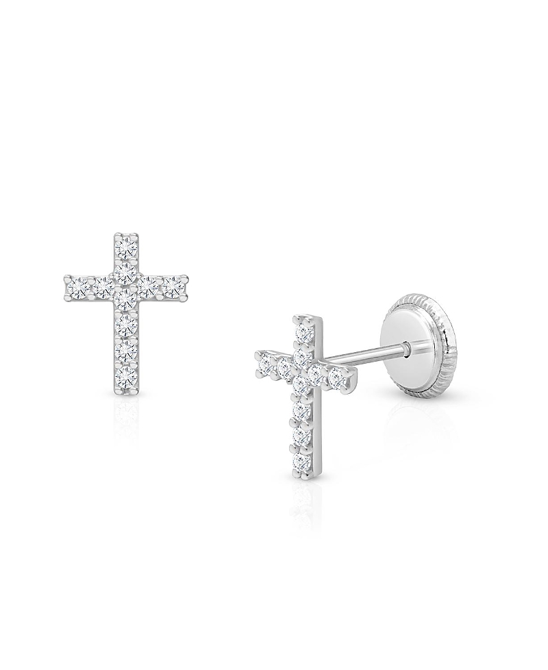 Tiny Blessings Girls' 14k Gold Miraculous Cross Stud Screw Back Earrings - Little Kid, Big Kid In K White Gold