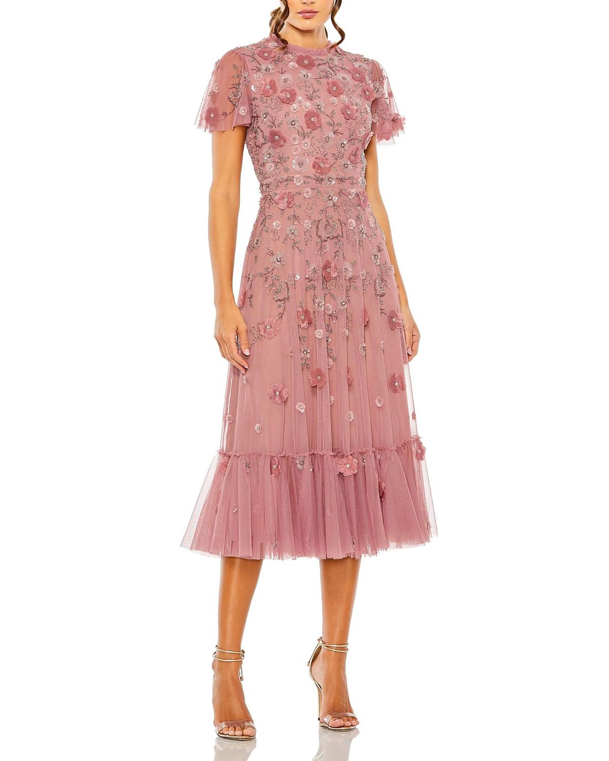 Mac Duggal Embellished High Neck Floral Applique with Beaded Detail A Line Dress