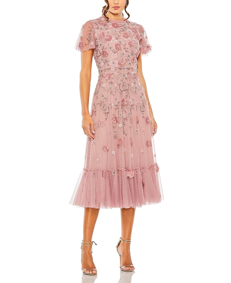 Mac Duggal Sequin Floral Cocktail Midi Dress In Berry