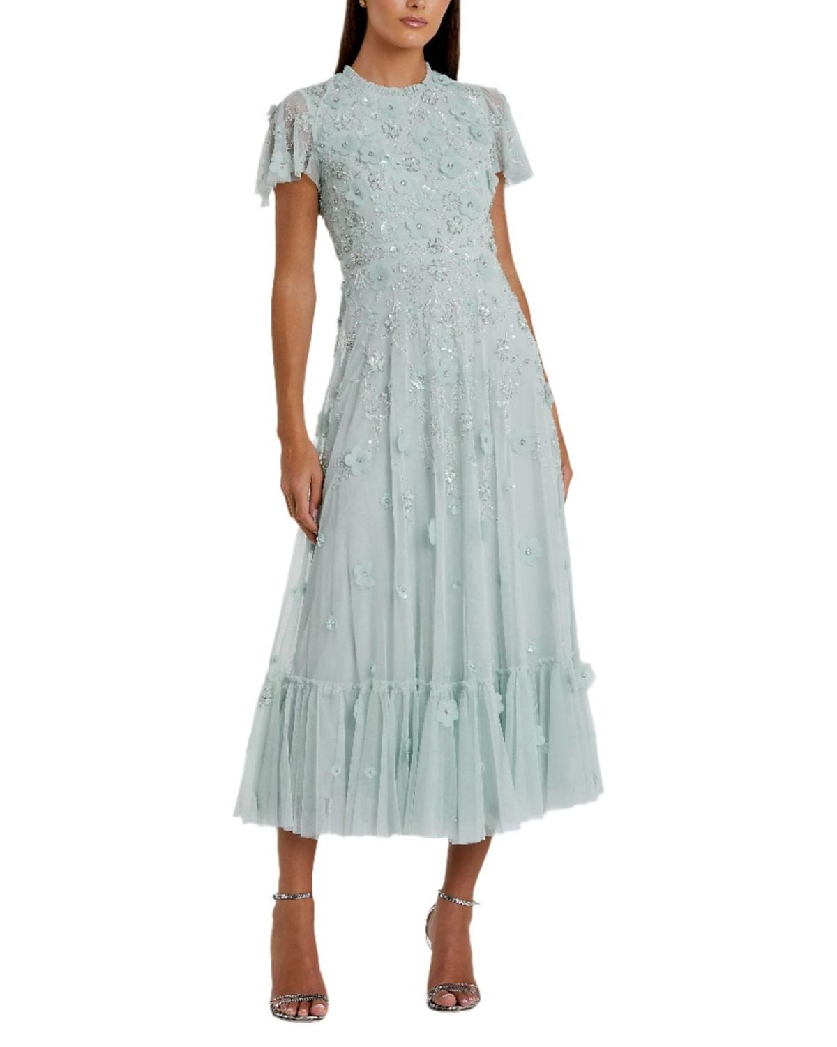 Mac Duggal Embellished High Neck Floral Applique with Beaded Detail A Line Dress