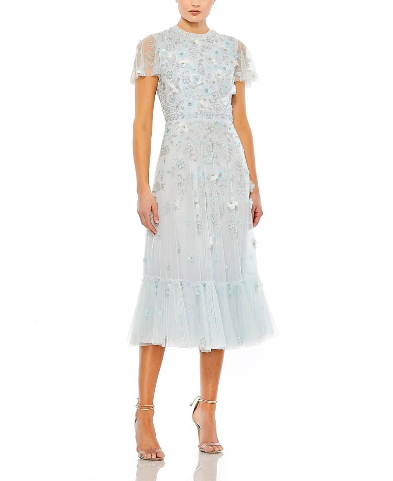 Mac Duggal Sequin Floral Cocktail Midi Dress In Powder Blue