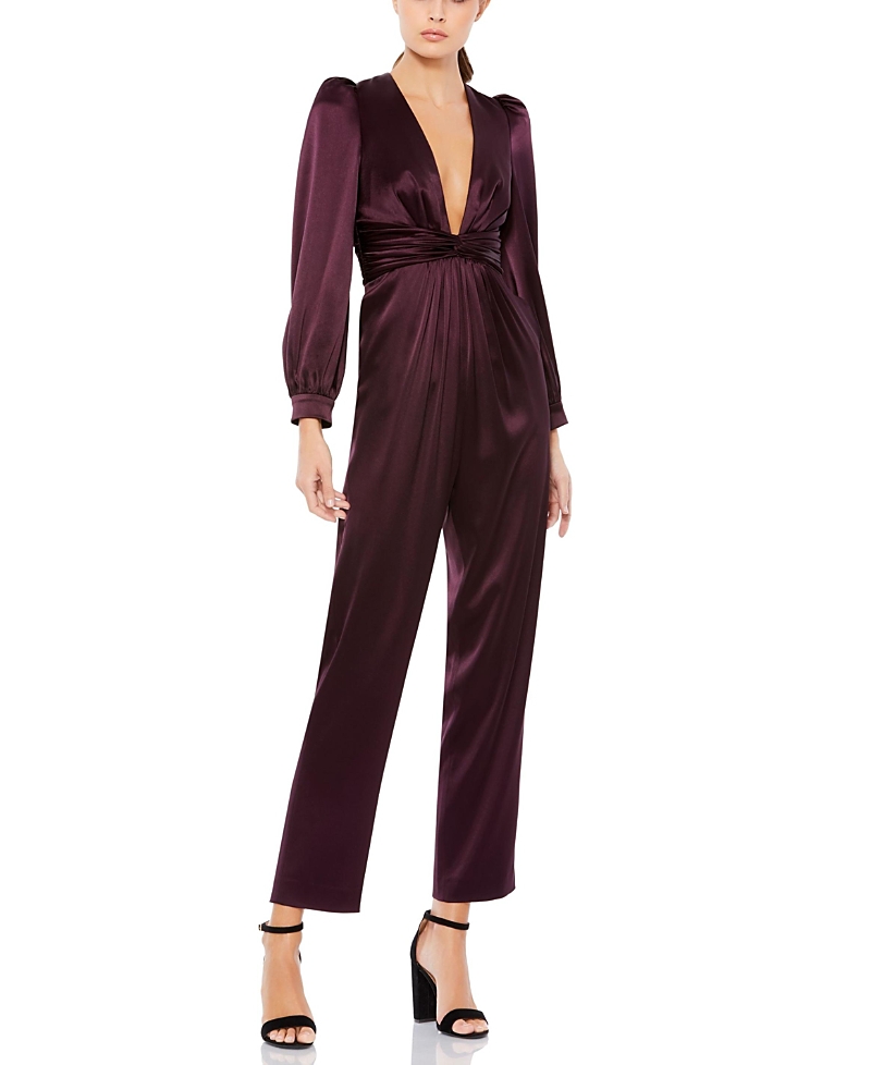Mac Duggal Front Twist Puff Sleeve Ruched Waist Detail Deep V Jumpsuit