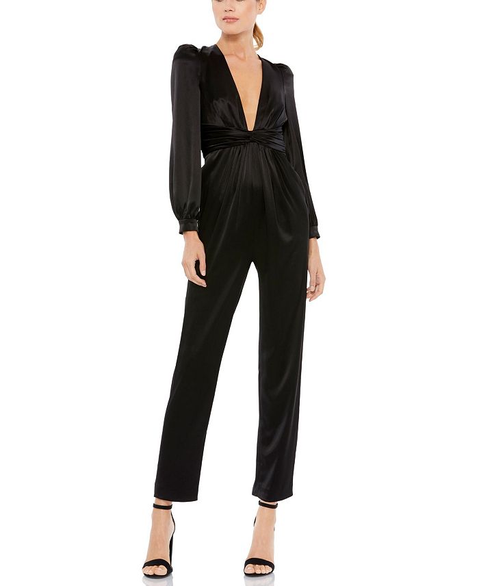Mac Duggal Front Twist Puff Sleeve Ruched Waist Detail Deep V Jumpsuit ...