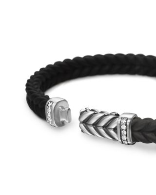 Men's Sterling Silver Chevron Diamond Woven Black Rubber Bracelet