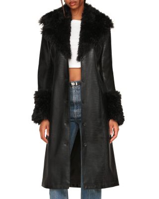 Avec Les Filles - Faux Fur Trim Patent Croc Texture Faux Leather Trench