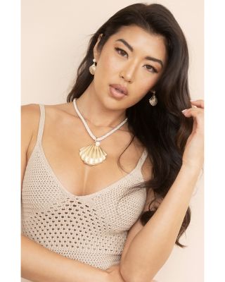 Cultured Freshwater Pearl Scalloped Shell Cord Pendant Necklace in 18K Gold Plated, 15"-20"