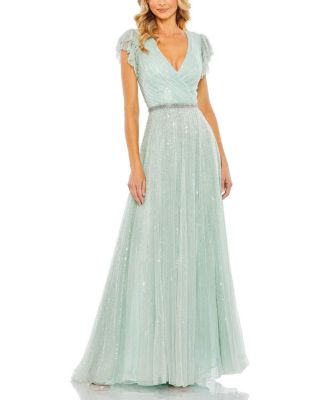 Mac Duggal - Sequined Wrap Over Ruffled Cap Sleeve Gown