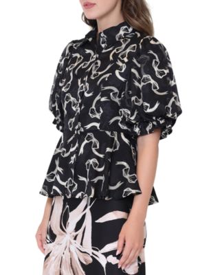 Puffed Sleeve Collared Button Down Peplum Blouse